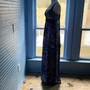 Xoxo floor length satin feel dress. Low cut back detailing front bust v- neck.